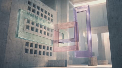 Futuristic 3D render of glowing video frames in varied aspect ratios floating in cosmic digital space.