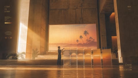 3D rendered cinematic scene with dynamic spotlights, glowing AI prompts, and shadowed figure.