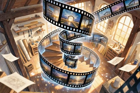 3D rendered camera lens emitting light rays with overlaid dynamic cinematic scene angles.