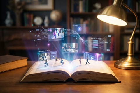 Warm purple-magenta workspace with glowing amber pathways and tool constellations for image to video prompts