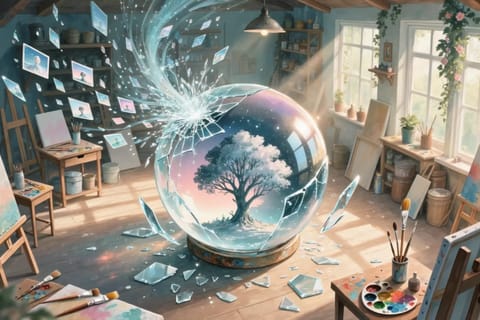 Futuristic 3D render of a static photo morphing into animated video frames with glowing AI circuits.