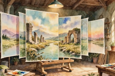Vibrant 3D-rendered landscape with layered foreground foliage, misty midground ruins, and starry distant peaks.