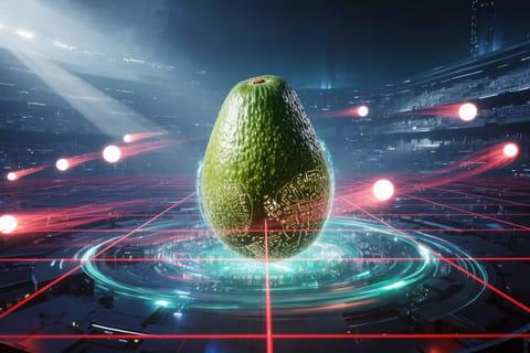 3D rendered avocado split open, revealing glowing neural networks and benchmark charts beside a May calendar.