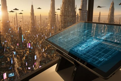 Glowing VR headset merges with holographic AI interfaces in futuristic neon digital landscape.