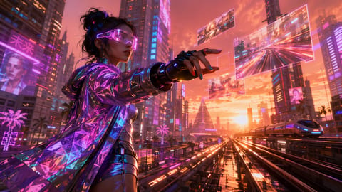 Dynamic 3D-rendered video scene with glowing segmentation masks outlining moving objects in vibrant colors.