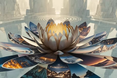 Dynamic 3D render of glowing neural network with vibrant image pixels and flowing sound waves.