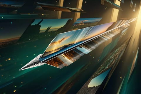 3D render of glowing blue engine propelling vibrant digital images through dynamic speed trails.