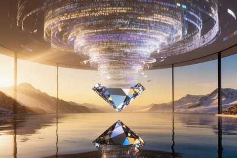 Dramatic photorealistic cityscape at twilight with neon lights, flying cars, and towering holograms.