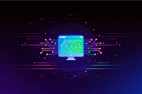 Futuristic tech artwork on dark background with vibrant neon blue and purple glowing accents.