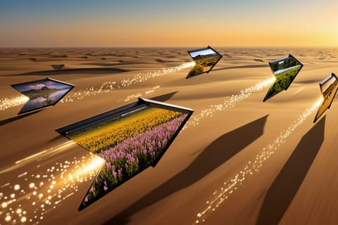 Dynamic 3D render of neon speed trails weaving through glowing AI-generated landscapes in vibrant hues.