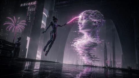 Surreal digital canvas with swirling neon colors, morphing shapes, and glowing edit interfaces.