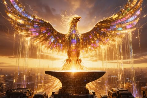 Vibrant 3D render of glowing robot evolving from swirling digital code and neural networks.