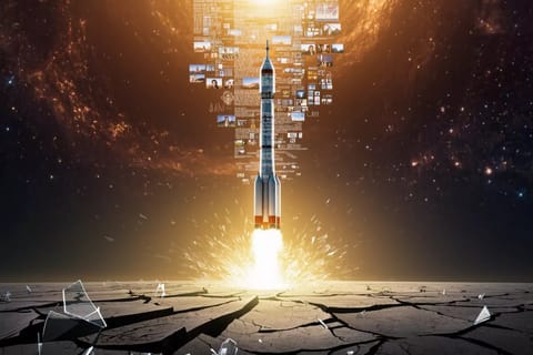 Futuristic rocket blasting toward glowing moon amid surging neon energy trails in starry space.
