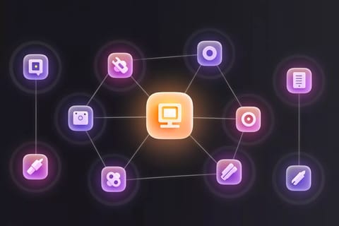 Surrealist creative workspace with glowing pathways and tool constellations in purple, magenta, amber tones for AI generated porn video long.