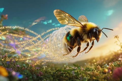 3D rendered bumblebee in dynamic flight, trailing glowing particles across a vibrant digital sky.
