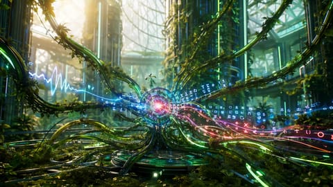 Futuristic 3D render of glowing nano AI orb amid green neural circuits and data streams.