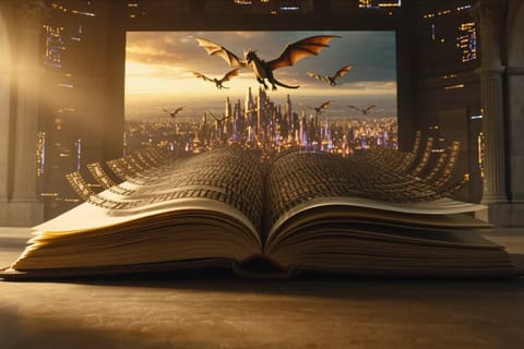 3D rendered notebook morphing into cinematic video reel with flying notes and dramatic lights.