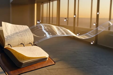 Open notebook with glowing notes morphing into cinematic film reels and vibrant movie frames.
