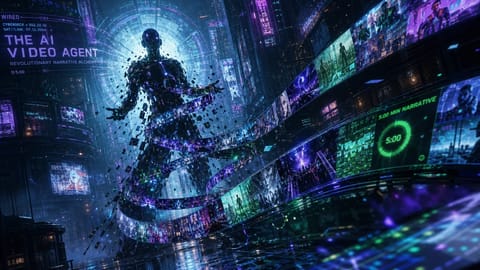 Sleek 3D-rendered AI humanoid swiftly directing vibrant film reels and speeding timeline clocks.