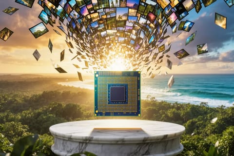 3D render of glowing NVIDIA RTX GPU generating vibrant holographic 4K AI video streams.