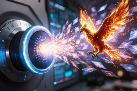 Sleek 3D-rendered green GPU chip racing through glowing vortex of colorful video frames.