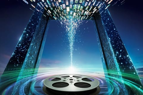 Vibrant 3D render of glowing green circuits morphing into dynamic video streams and data waves.