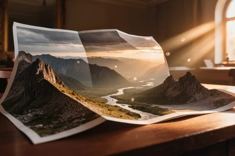 A 2D landscape photo morphing into a vibrant 3D world with glowing particles and emerging structures.