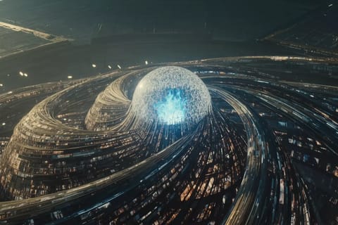 Stylized 3D render of glowing green neural network forming NVIDIA logo amid cosmic energy bursts.