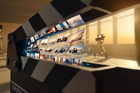 Futuristic 3D render of glowing neural networks transforming raw video into vibrant dynamic advertisements.