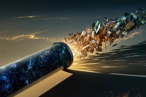 Stylized 3D render of glowing green chip amid swirling cosmic nebulae and digital neural sparks.