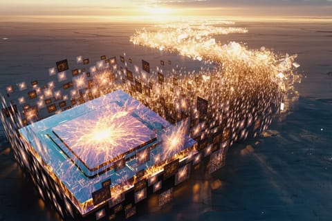 Glowing futuristic superchip with intricate circuits, speed trails, and radiant energy bursts in 3D render.