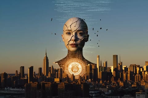 3D rendered New York skyline at dusk with glowing AI billboards displaying disclosure labels.