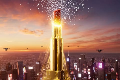 3D rendered explosion of golden coins, flying dollar bills, and surging upward arrows.