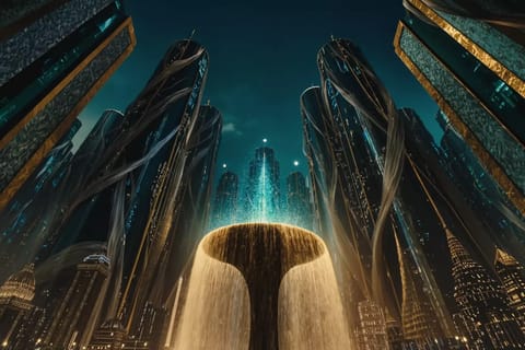 3D render of towering golden coin stacks with one worker figure and ascending revenue graphs forming an empire.