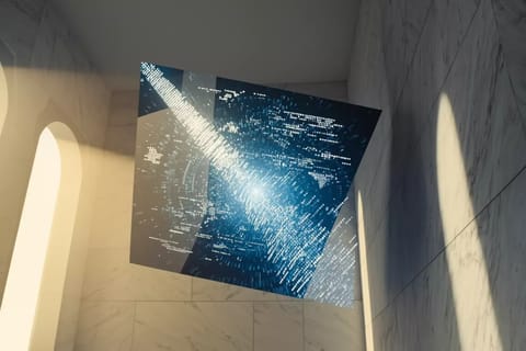 Futuristic 3D eye scanning holographic neural networks and swirling data streams.