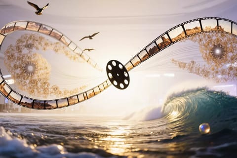 Dramatic 3D cinematic scene with swirling light trails, glowing orbs, and explosive color bursts.