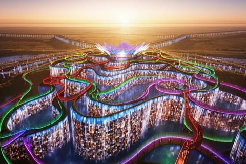 Vibrant 3D-rendered playground with floating holographic figures, neural networks, and glowing digital elements.