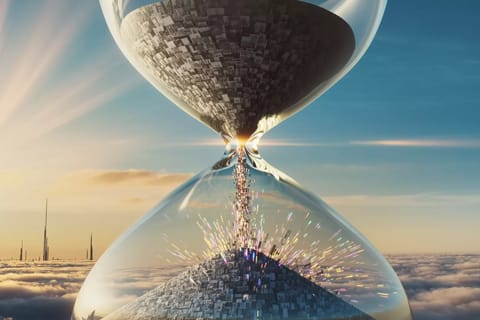 Swirling video frames merge with glowing firefly particles in a futuristic neon digital realm.