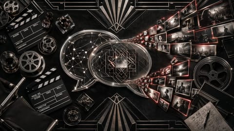 Futuristic 3D render of animated agents conversing amid swirling video frames and glowing particles.