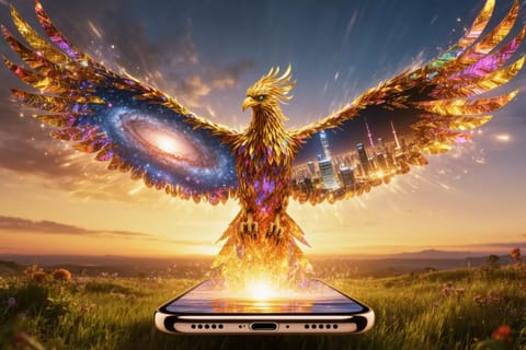 Futuristic smartphone emitting swirling neon video streams in cosmic digital landscape.