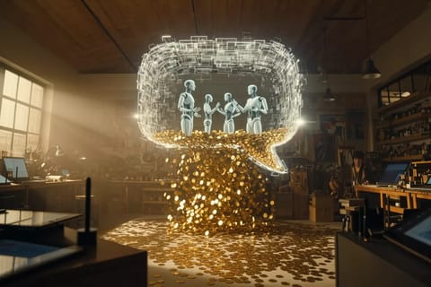 3D rendered AI avatars in dynamic video chat, surrounded by glowing coins and creative icons.