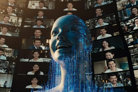 Vibrant 3D render of video call screens with glowing AI avatars and streaming data waves.