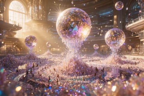 Vibrant 3D-rendered landscape with glowing portals, cascading light streams, and ethereal floating islands.