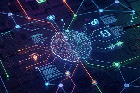 Futuristic neural network with glowing neon nodes and circuits on dark tech background.