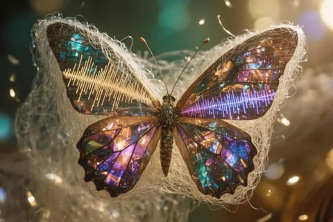 3D rendered glowing neural orb with embedded eyes, ears, waves, and surging data streams.