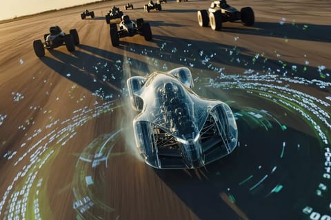 3D-rendered dominant AI robot crushes rival amid glowing code streams and benchmark graphs.