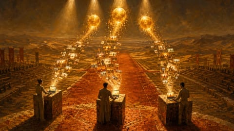 Dynamic 3D render of glowing runway with holographic video frames and cascading digital code streams.