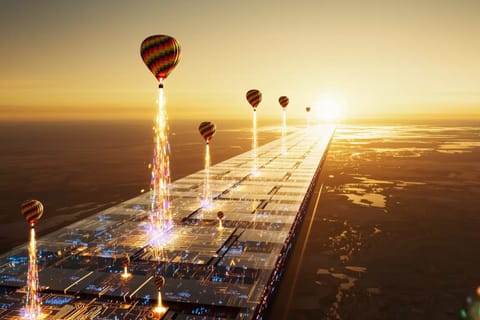 3D rendered futuristic runway glowing with neon circuits, launching ethereal AI particles into starry sky.