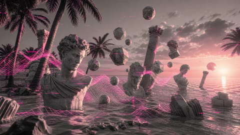 Abstract 3D render of glowing audio waves syncing with bouncing spheres and rippling fabrics.