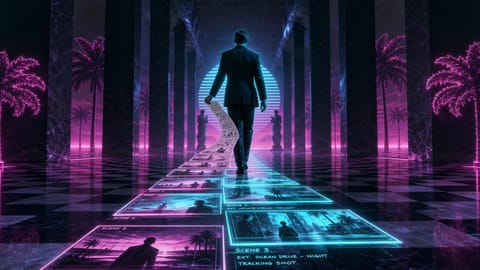 Vibrant 3D-rendered storyboard panels floating in space, showcasing dynamic cinematic scenes and transitions.